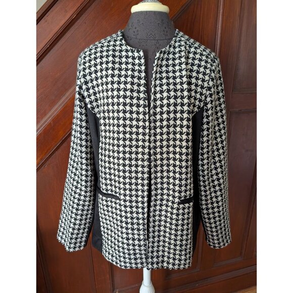 Roz & Ali Womens Houndstooth Open Front Blazer Jacket Size 14/16 Black & White - Picture 1 of 8